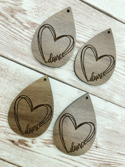 Wood Engraved Dance Heart Earring Blanks, Finished Walnut Blank, DIY Jewelry Making