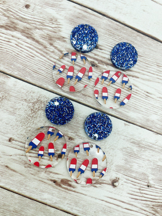 Patterned Patriotic Popsicle and Blue Glitter Circle Set Earring Blanks, DIY Jewelry Making