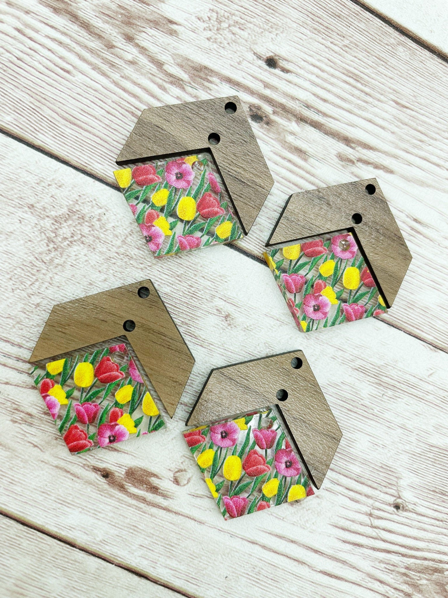 Patterned Pink and Yellow Tulip and Wood Arrow Diamond Set Earring Blanks, DIY Jewelry Making