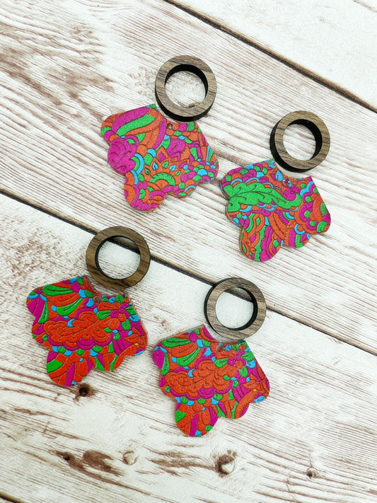 Patterned Bright Summer Doodles Scalloped Acrylic and Wood Circle Earring Blanks, DIY Jewelry Making