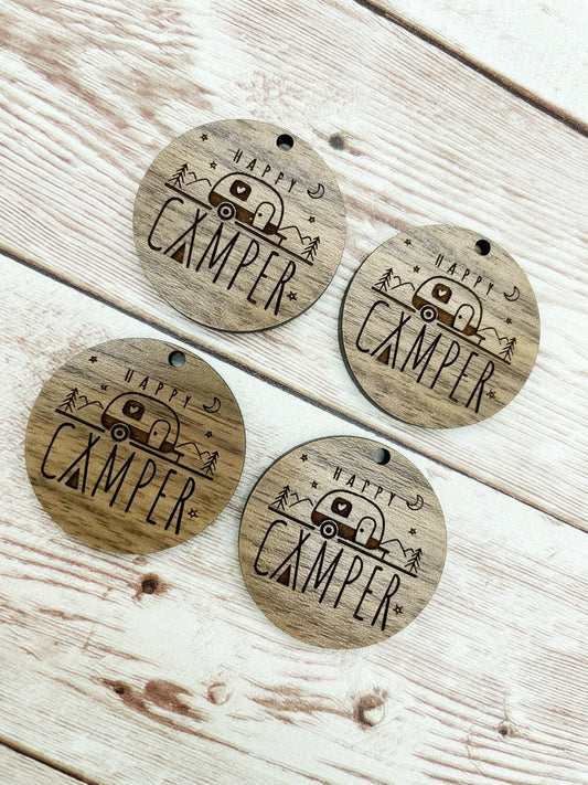 Wood Circle Engraved Happy Camper Earring Blanks, Finished Walnut Blank, DIY Jewelry Making