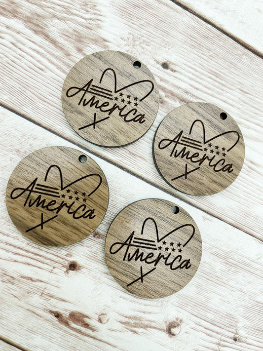 Wood Circle Engraved America Heart Earring Blanks, Finished Walnut Blank, DIY Jewelry Making