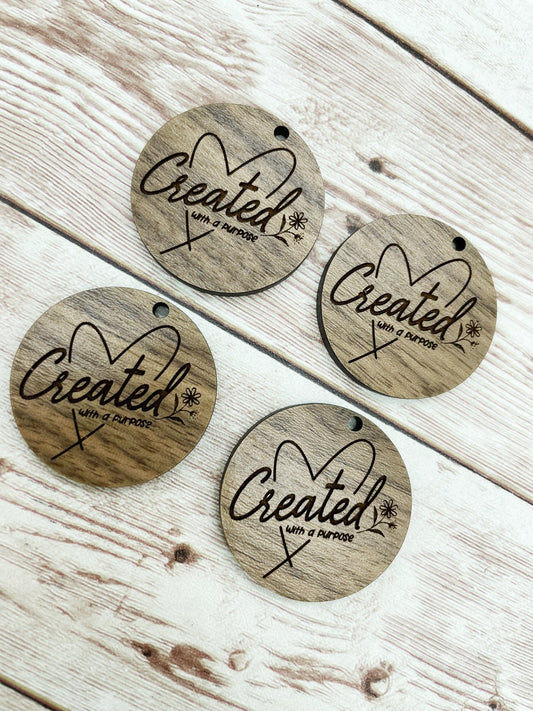 Wood Circle Engraved Created for a Purpose Earring Blanks, Finished Walnut Blank, DIY Jewelry Making