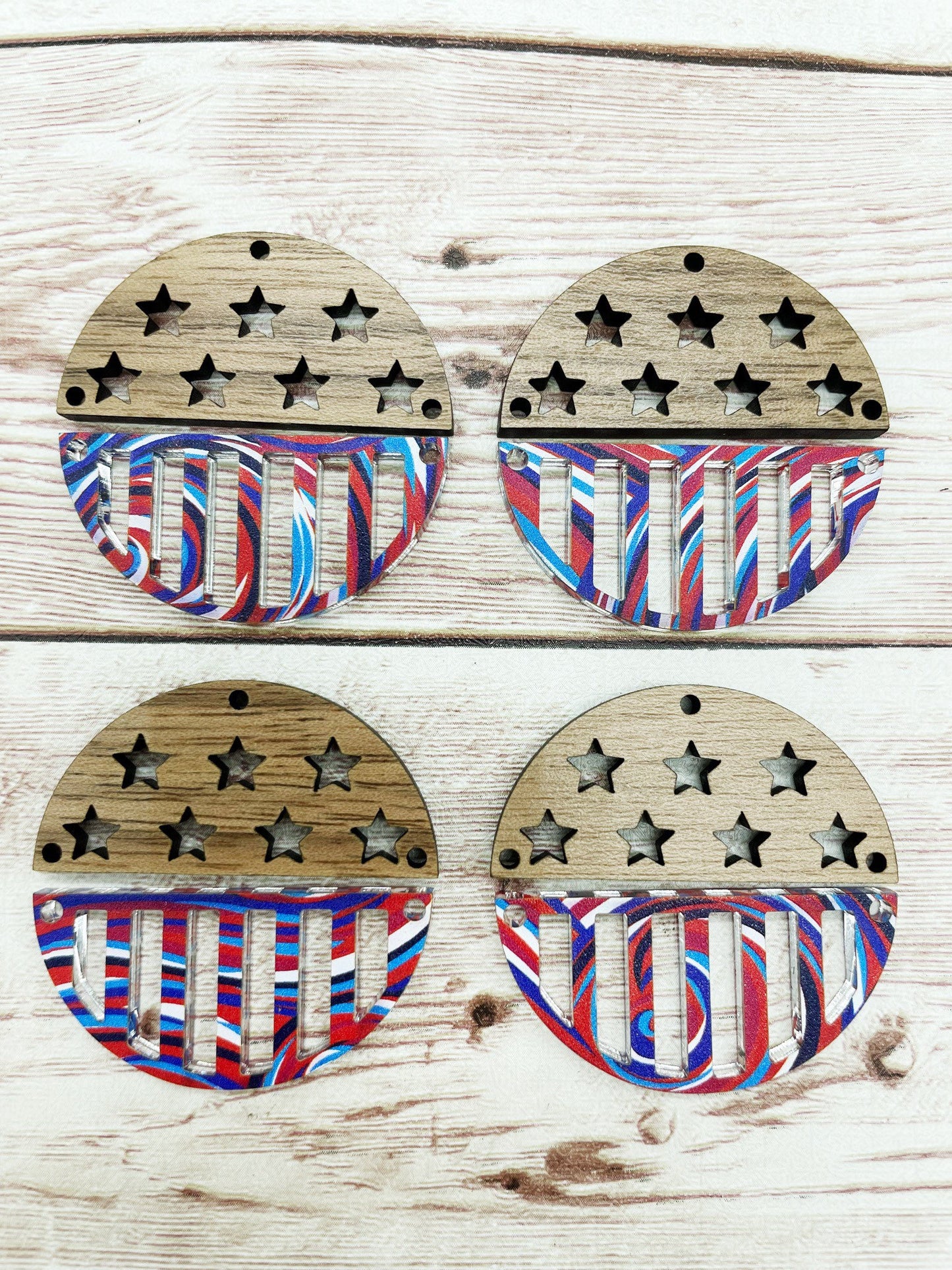 Patterned Acrylic and Wood Stars and Stripes Circle Set Earring Blanks, DIY Jewelry Making