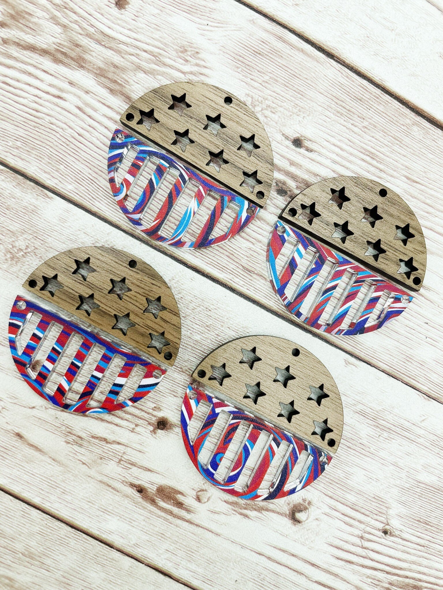 Patterned Acrylic and Wood Stars and Stripes Circle Set Earring Blanks, DIY Jewelry Making