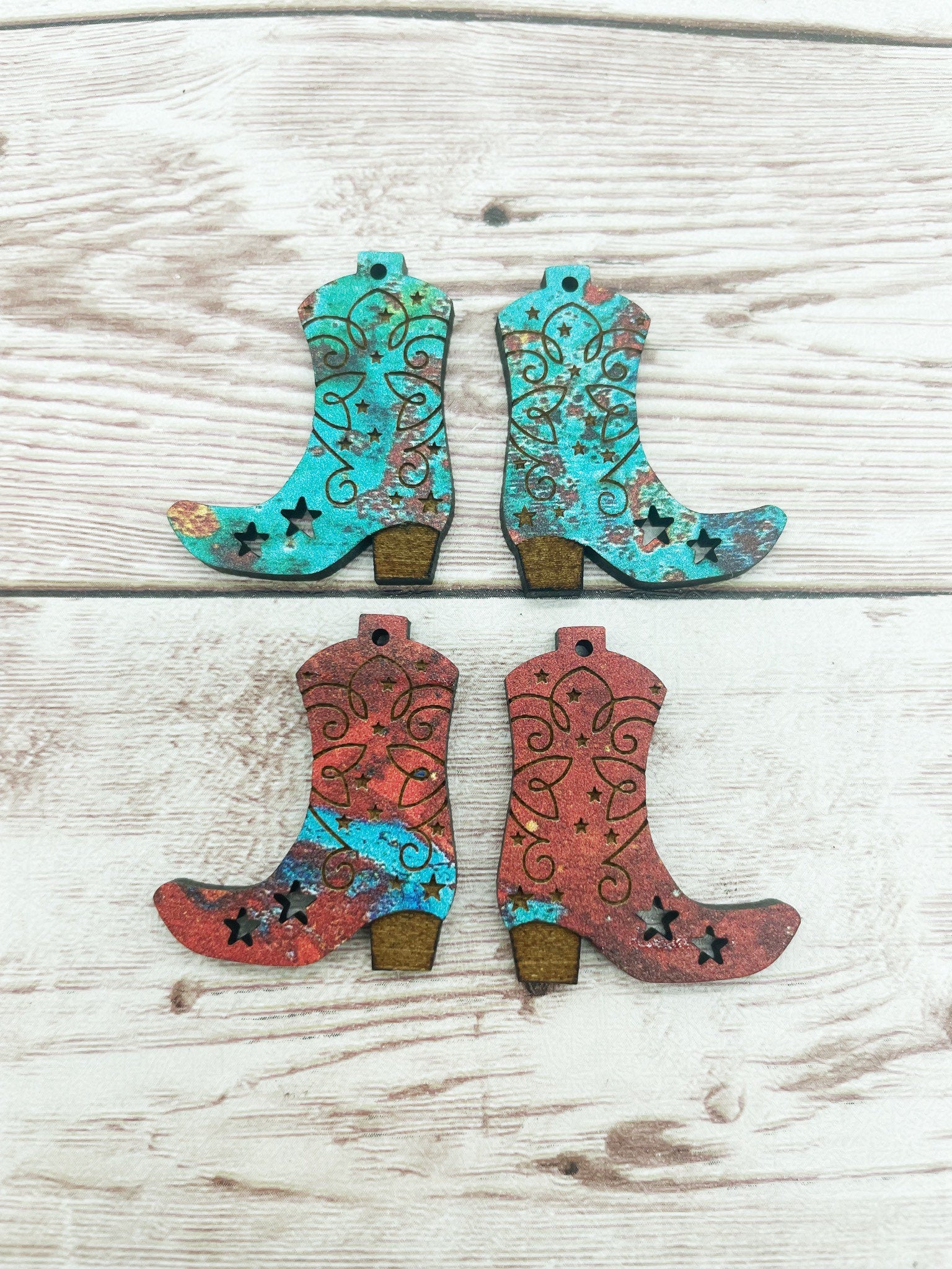 Patterned Wood Engraved Cowboy Boots Earring Blanks, DIY Jewelry Making