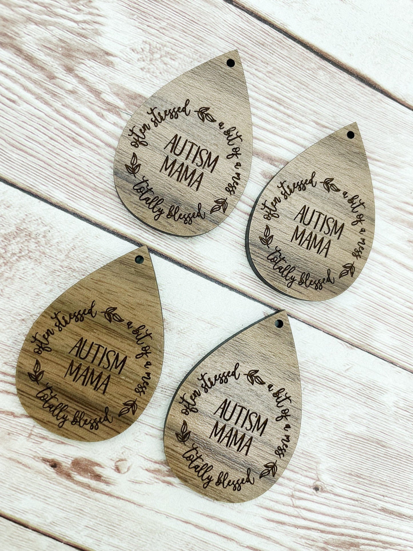 Wood Teardrop Engraved Autism Mama Earring Blanks, Finished Walnut Blank, DIY Jewelry Making
