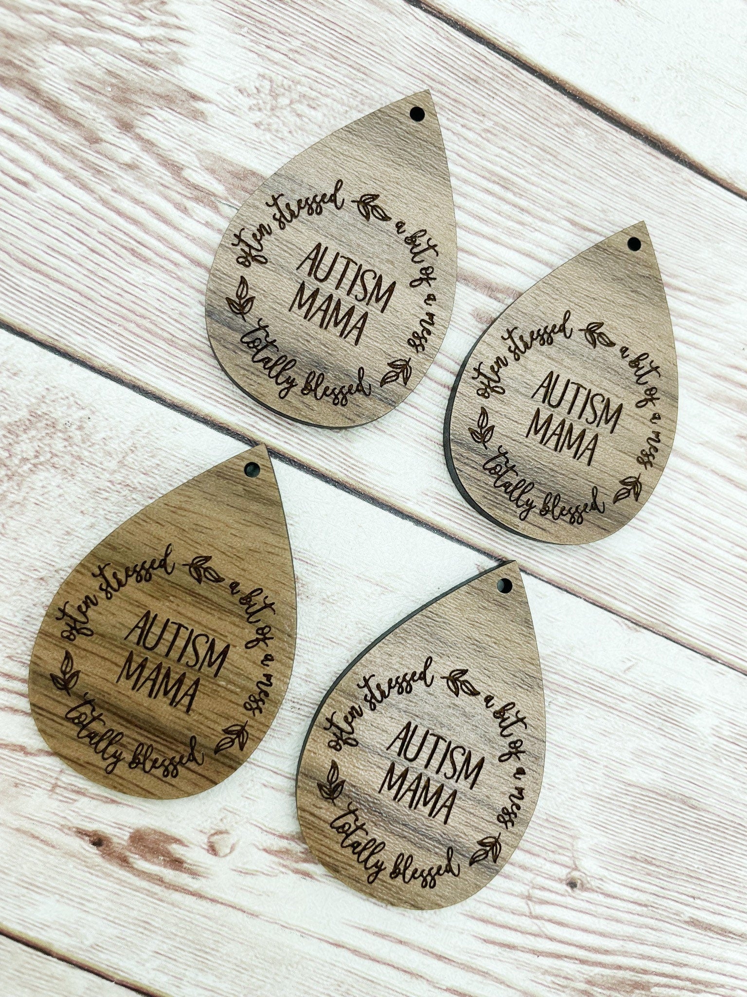 Wood Teardrop Engraved Autism Mama Earring Blanks, Finished Walnut Blank, DIY Jewelry Making