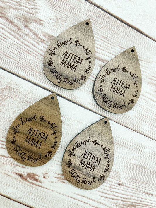 Wood Teardrop Engraved Autism Mama Earring Blanks, Finished Walnut Blank, DIY Jewelry Making