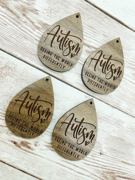 Wood Teardrop Engraved Autism Seeing the World Differently Earring Blanks, Finished Walnut Blank, DIY Jewelry Making