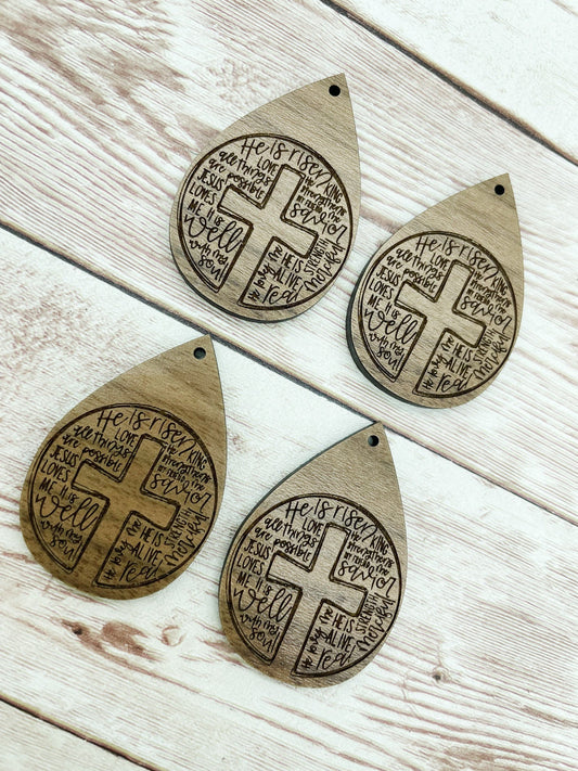 Wood Teardrop Engraved He is Risen Words Earring Blanks, Finished Walnut Blank, DIY Jewelry Making