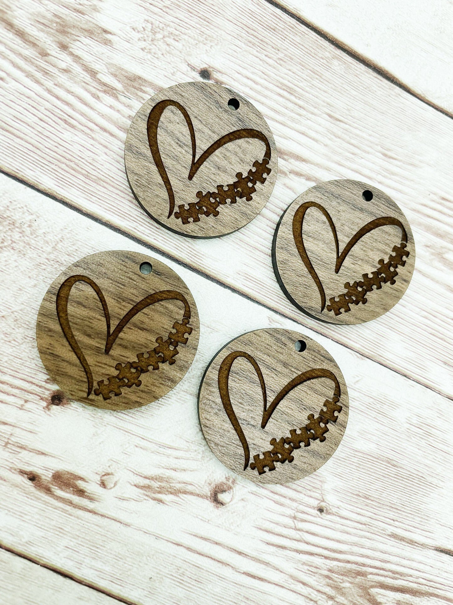 Wood Circle Engraved Autism Puzzle Piece Heart Earring Blanks, Finished Walnut Blank, DIY Jewelry Making