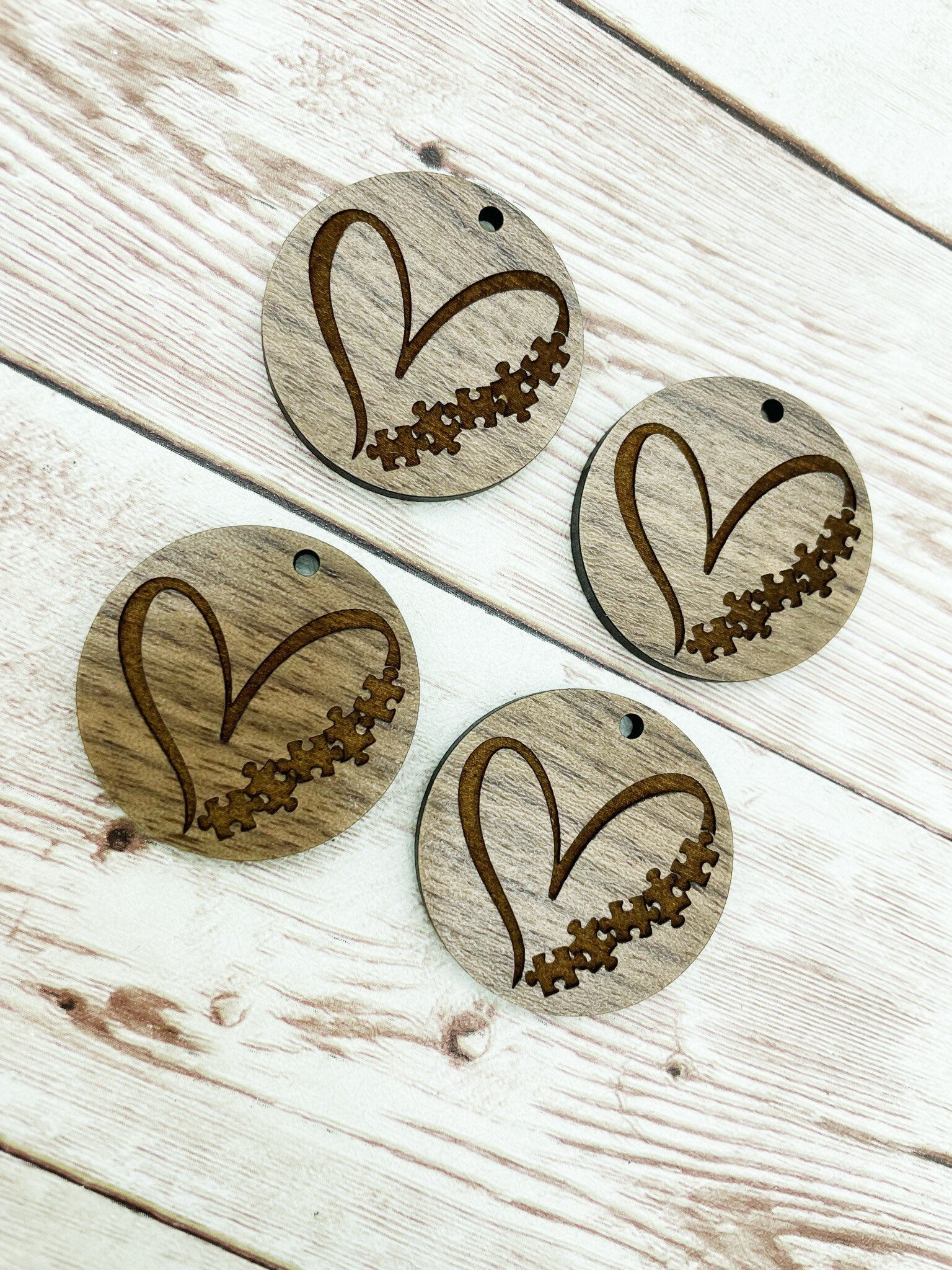 Wood Circle Engraved Autism Puzzle Piece Heart Earring Blanks, Finished Walnut Blank, DIY Jewelry Making