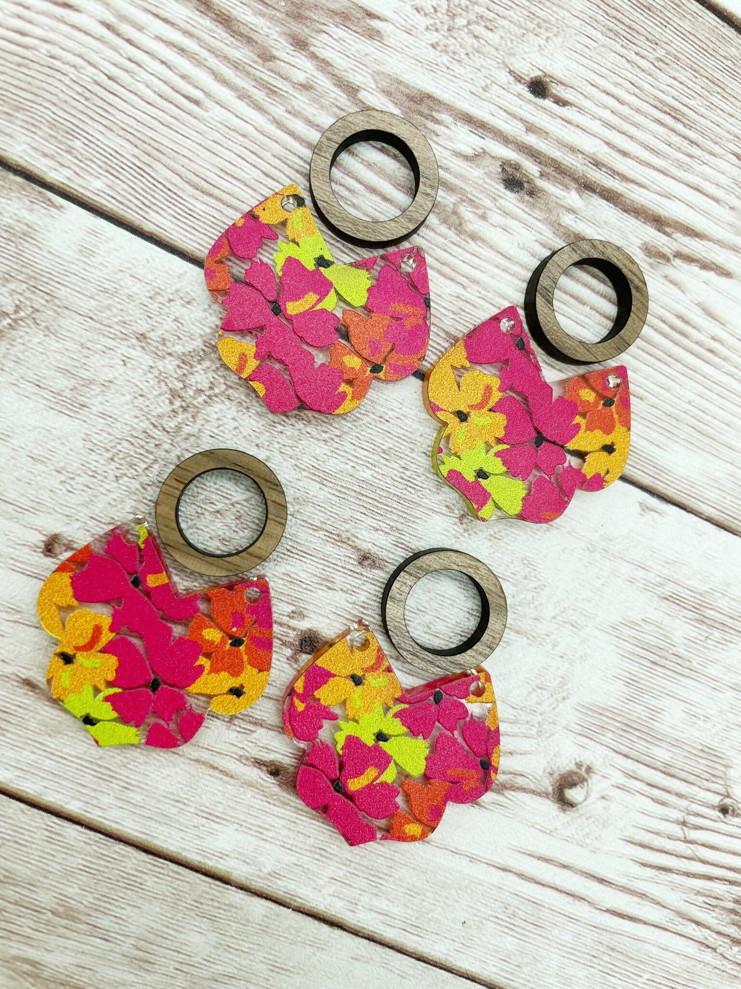 Patterned Bright Floral Intricate Bottom Acrylic and Wood Circle Earring Blanks, DIY Jewelry Making