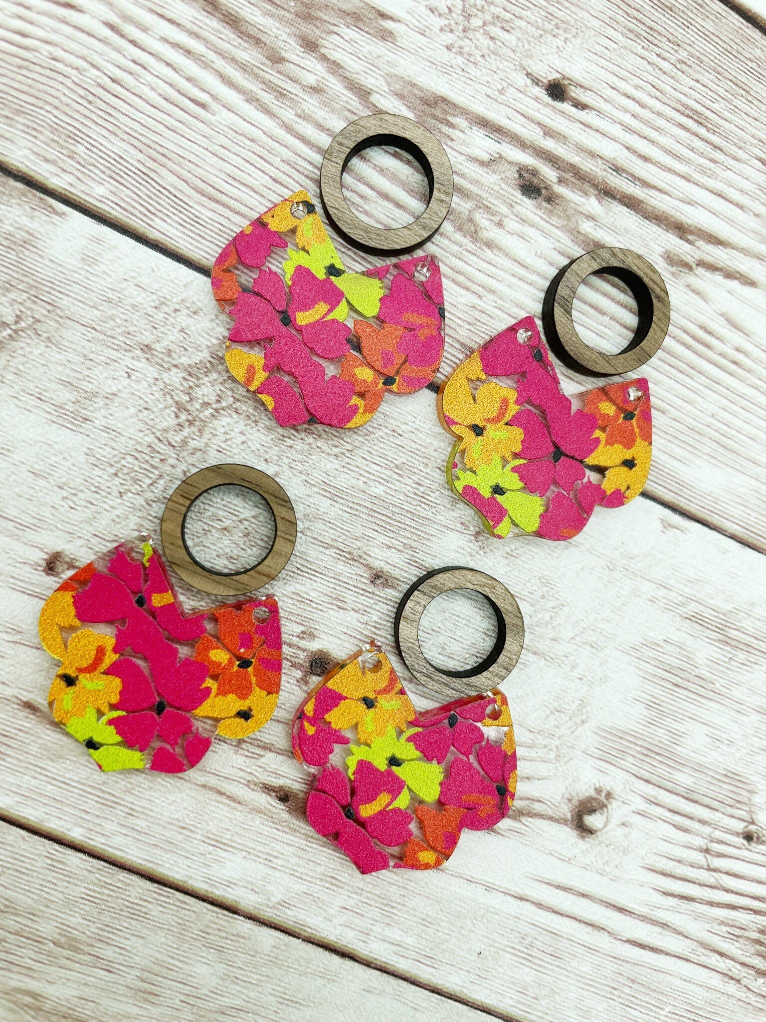Patterned Bright Floral Intricate Bottom Acrylic and Wood Circle Earring Blanks, DIY Jewelry Making