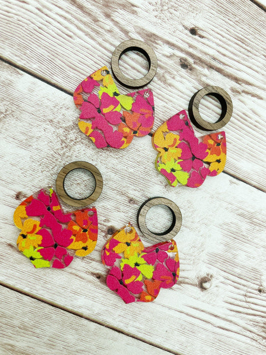 Patterned Bright Floral Intricate Bottom Acrylic and Wood Circle Earring Blanks, DIY Jewelry Making