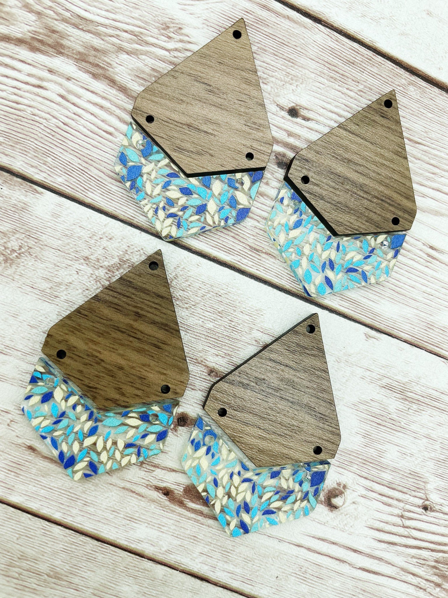 Patterned Blue Print Acrylic and Walnut Teardrop Set Earring Blanks, DIY Jewelry Making
