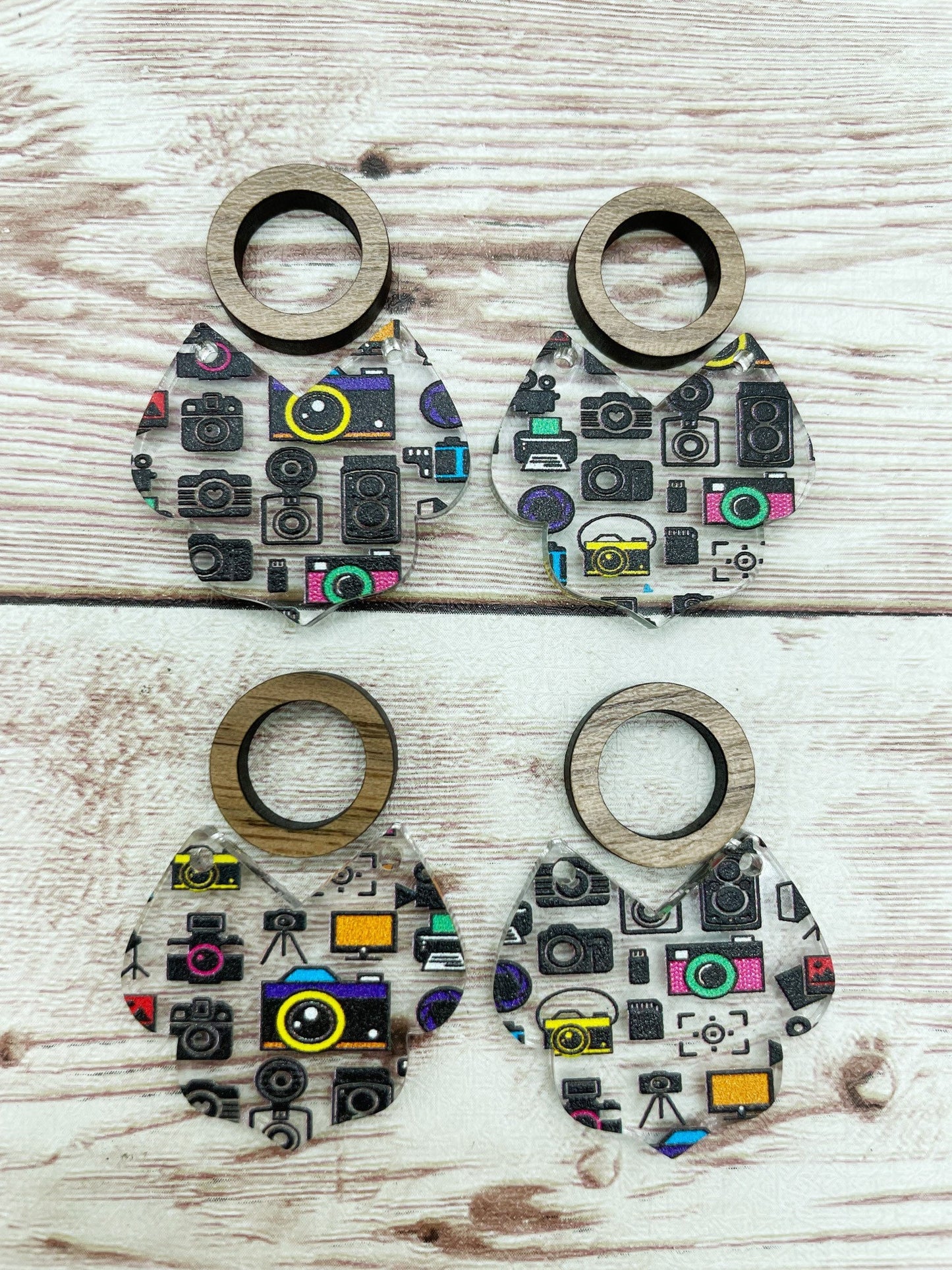 Patterned Camera Photographer Intricate Bottom Acrylic and Wood Circle Earring Blanks, DIY Jewelry Making