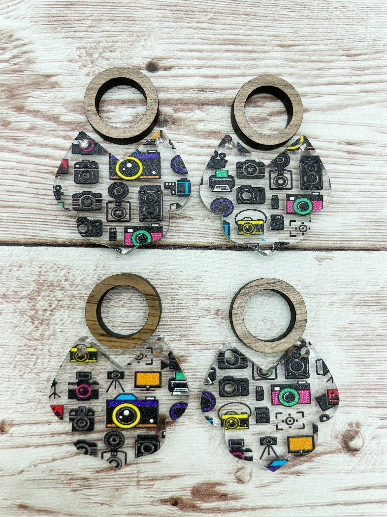 Patterned Camera Photographer Intricate Bottom Acrylic and Wood Circle Earring Blanks, DIY Jewelry Making