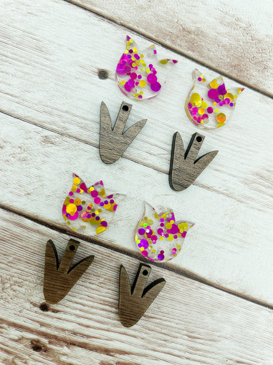 Pink and Yellow Glitter Dot Acrylic and Wood Tulip Flower Set Earring Blanks, DIY Jewelry Making