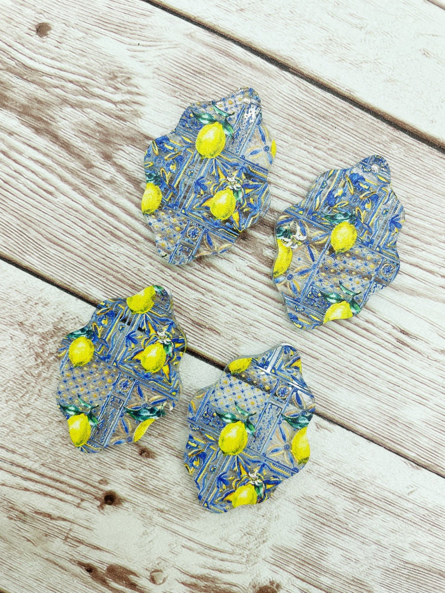 Patterned Lemon Print Acrylic Wavy Teardrop Earring Blanks, DIY Jewelry Making