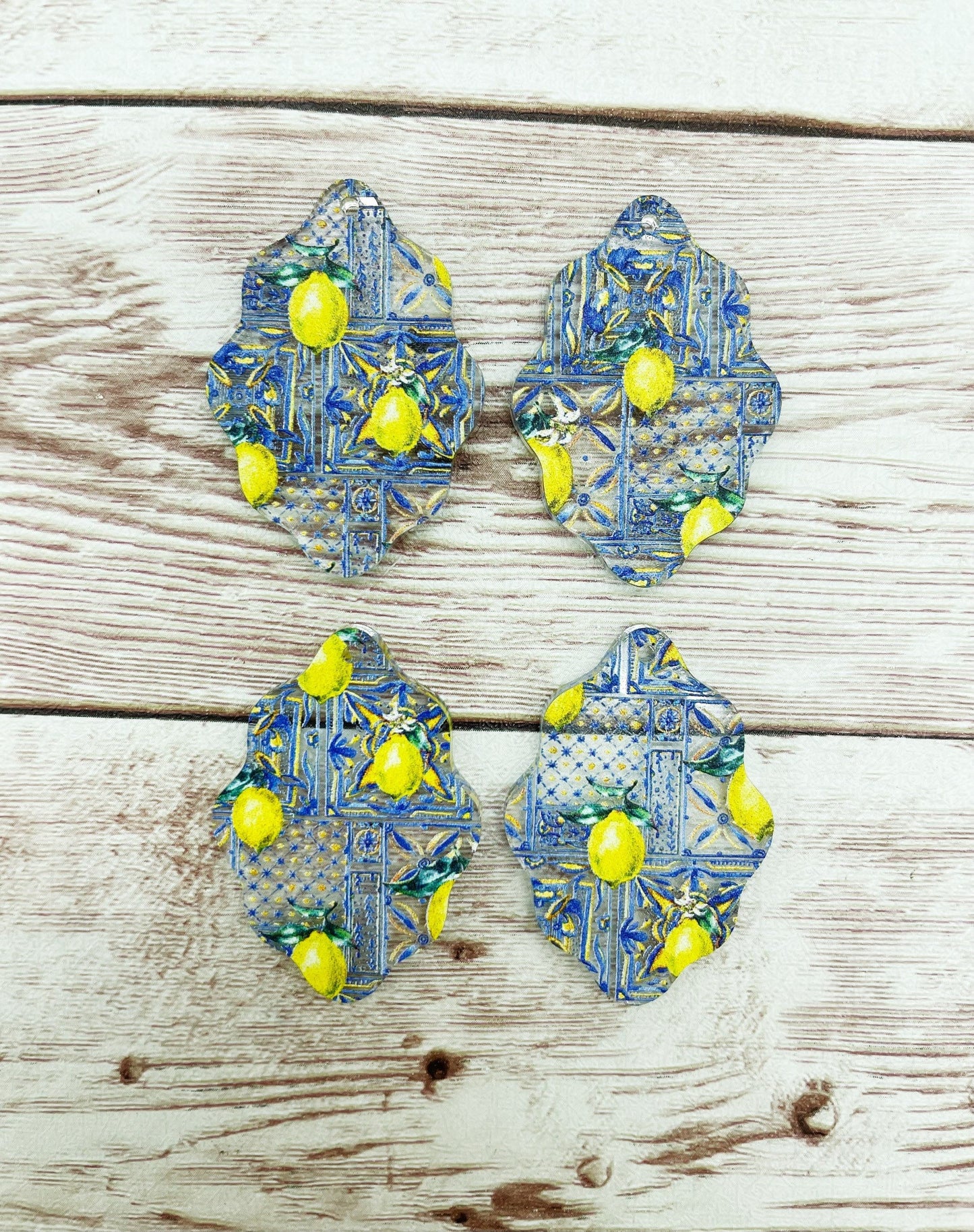 Patterned Lemon Print Acrylic Wavy Teardrop Earring Blanks, DIY Jewelry Making