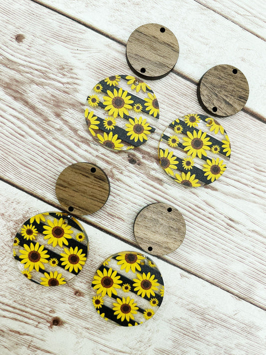 Patterned Black Stripe Sunflower Acrylic and Wood Circle Set Earring Blanks, DIY Jewelry Making