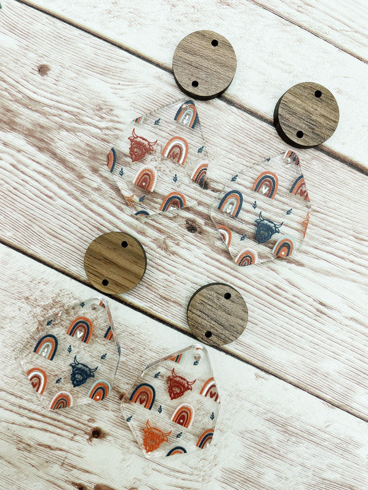 Patterned Boho Rainbows and Highland Cows Acrylic and Wood Circle Set Earring Blanks, DIY Jewelry Making