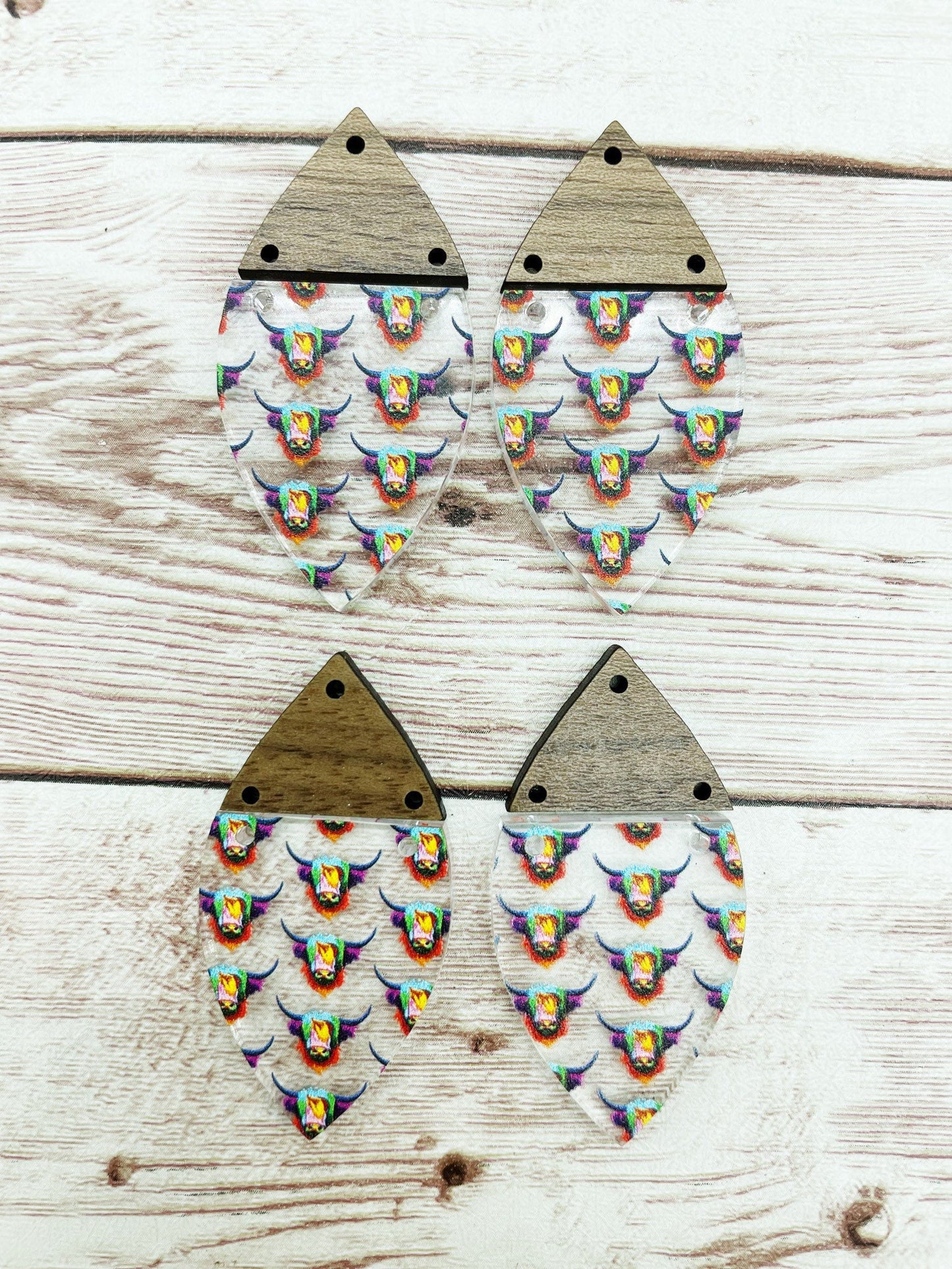 Patterned Colorful Highland Cow Earring Blanks and Walnut Connector, DIY Jewelry Making