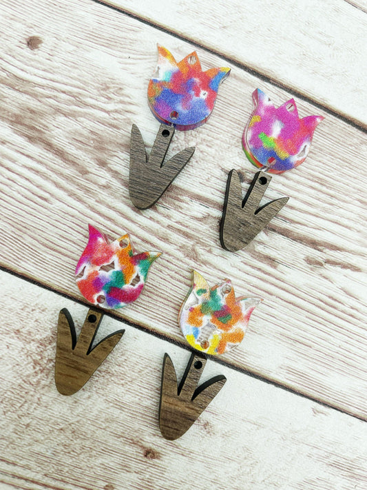 Colorful Acrylic and Wood Tulip Flower Set Earring Blanks, DIY Jewelry Making