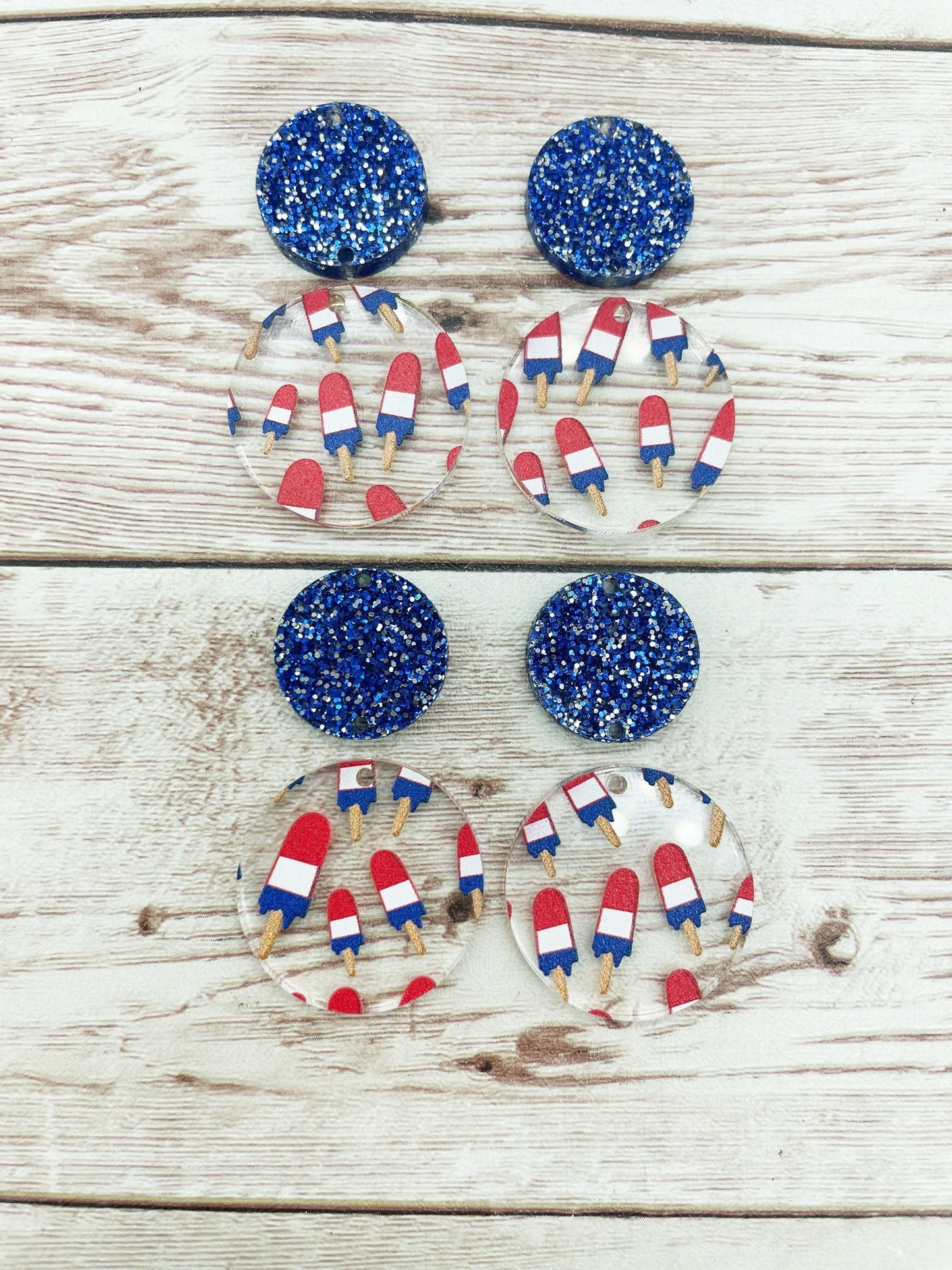 Patterned Patriotic Popsicle and Blue Glitter Circle Set Earring Blanks, DIY Jewelry Making