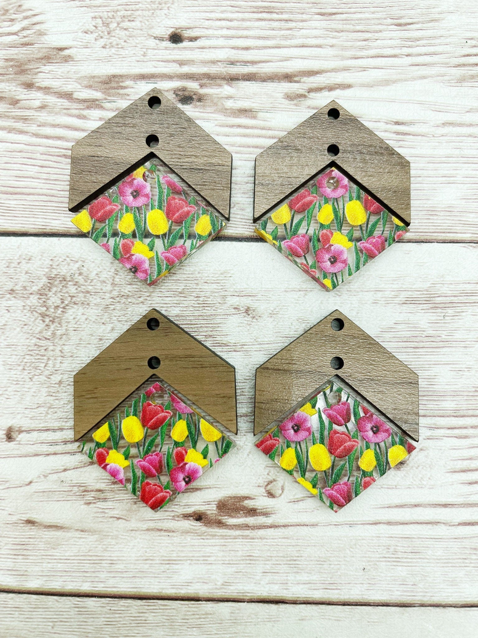 Patterned Pink and Yellow Tulip and Wood Arrow Diamond Set Earring Blanks, DIY Jewelry Making