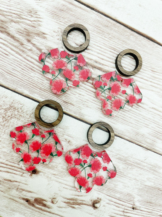 Patterned Pink Carnation Floral Scalloped Acrylic and Wood Circle Earring Blanks, DIY Jewelry Making