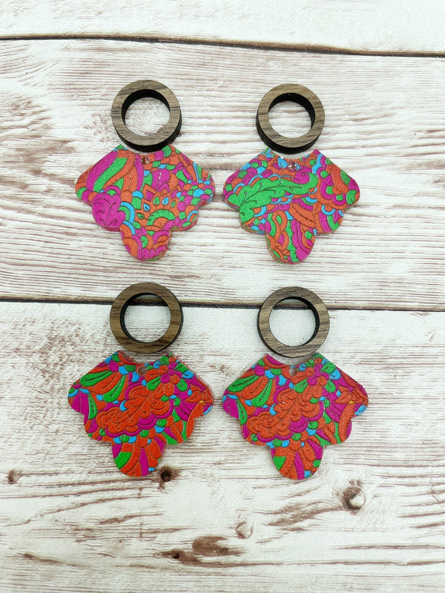 Patterned Bright Summer Doodles Scalloped Acrylic and Wood Circle Earring Blanks, DIY Jewelry Making