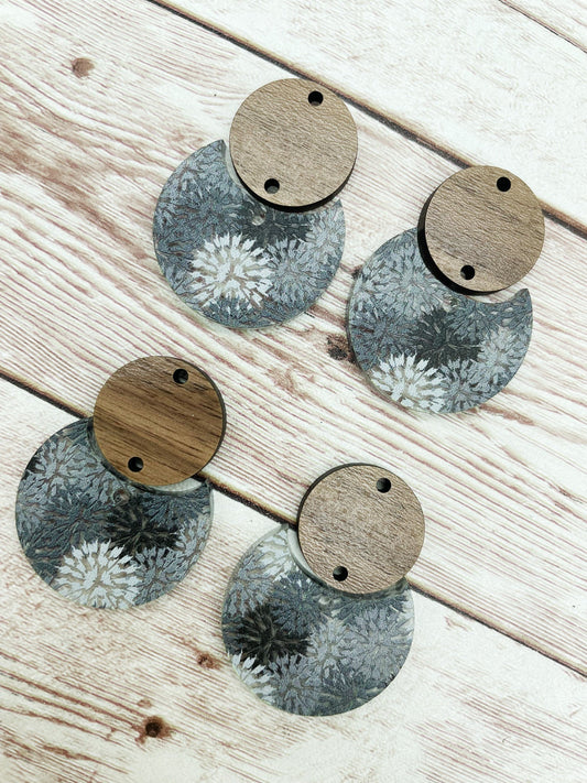 Patterned Grey Pom Acrylic and Wood Circle Set Earring Blanks, DIY Jewelry Making