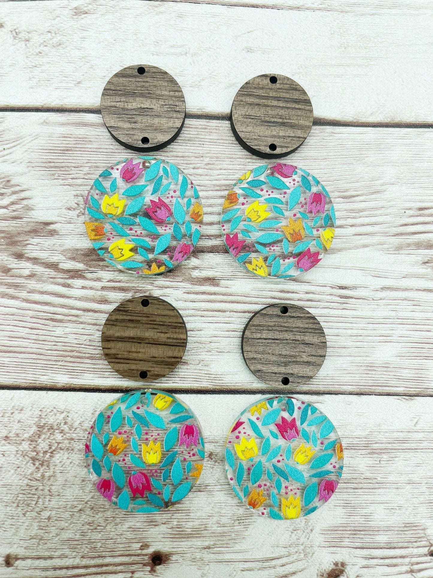 Patterned Tulip Acrylic and Wood Circle Set Earring Blanks, DIY Jewelry Making