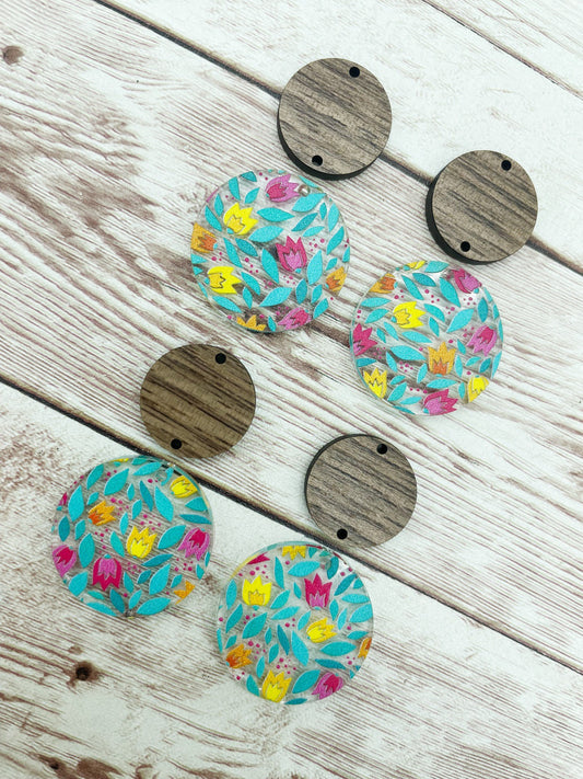 Patterned Tulip Acrylic and Wood Circle Set Earring Blanks, DIY Jewelry Making