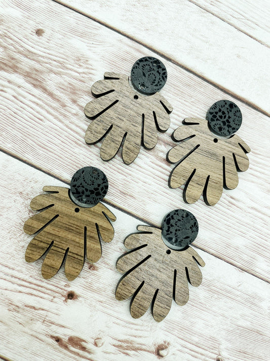 Scalloped Finished Walnut and Black Lace Connector Earring Blanks, DIY Jewelry Making