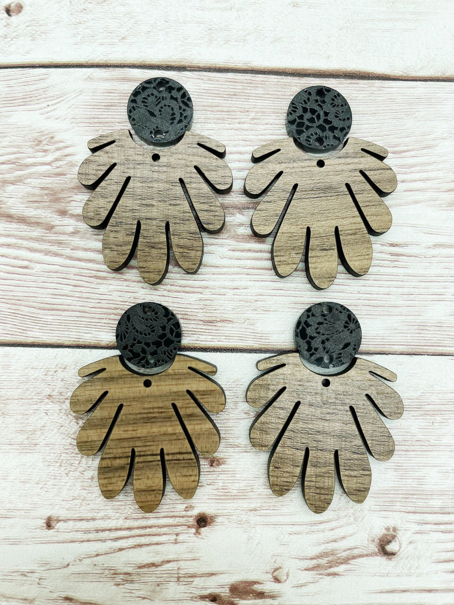 Scalloped Finished Walnut and Black Lace Connector Earring Blanks, DIY Jewelry Making