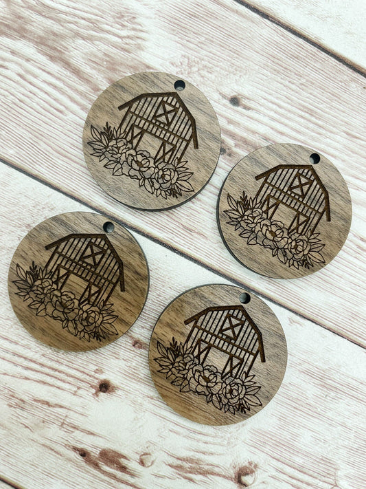 Wood Circle Engraved Floral Barn Farm Earring Blanks, Finished Walnut Blank, DIY Jewelry Making