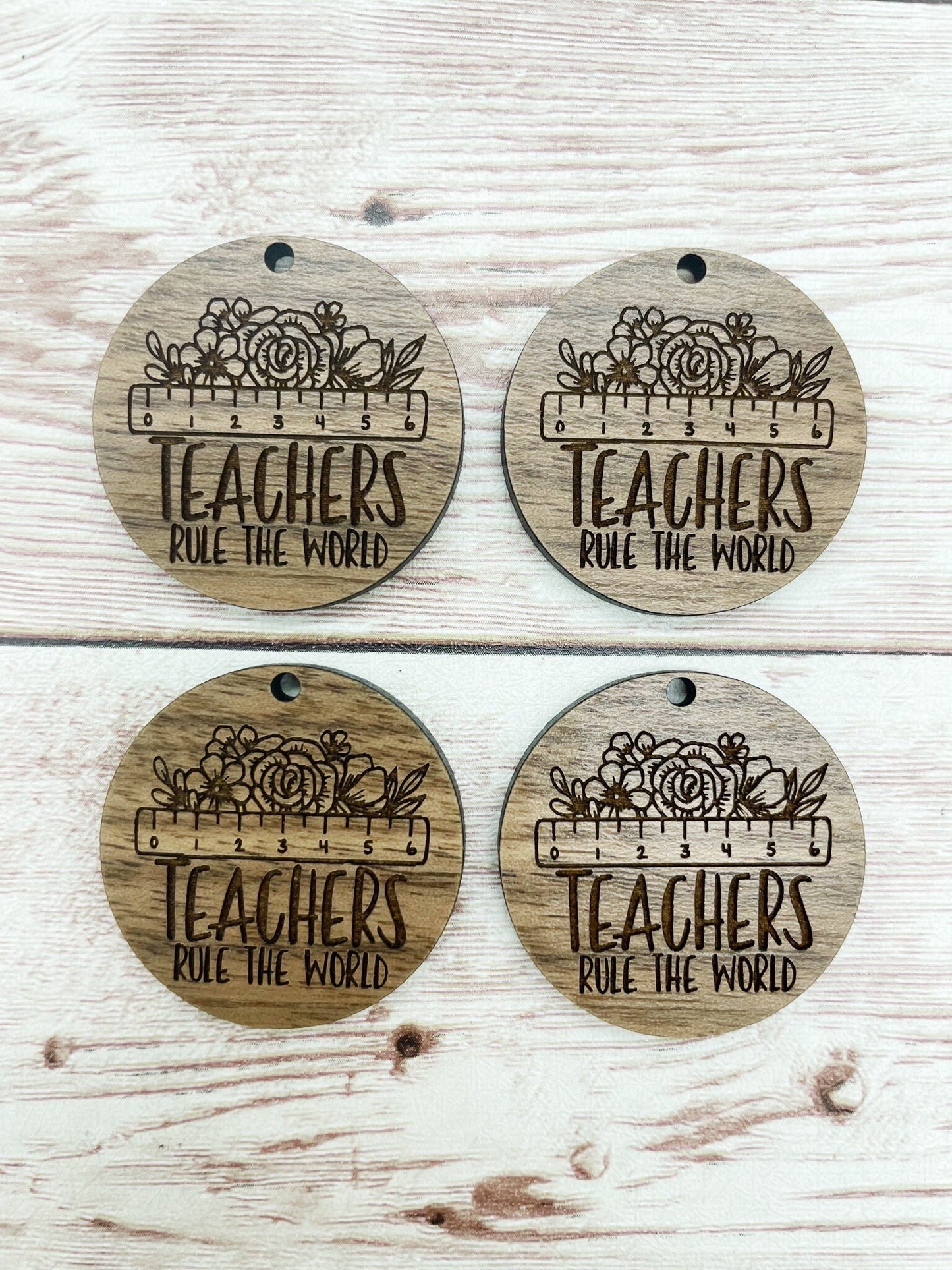 Wood Circle Engraved Teachers Rule the World Earring Blanks, Finished Walnut Blank, DIY Jewelry Making