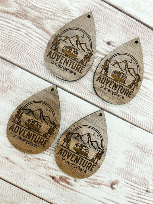 Wood Teardrop Engraved Adventure is Everywhere Mountain Earring Blanks, Finished Walnut Blank, DIY Jewelry Making