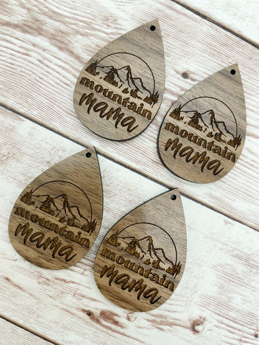 Wood Teardrop Engraved Mountain Mama Earring Blanks, Finished Walnut Blank, DIY Jewelry Making