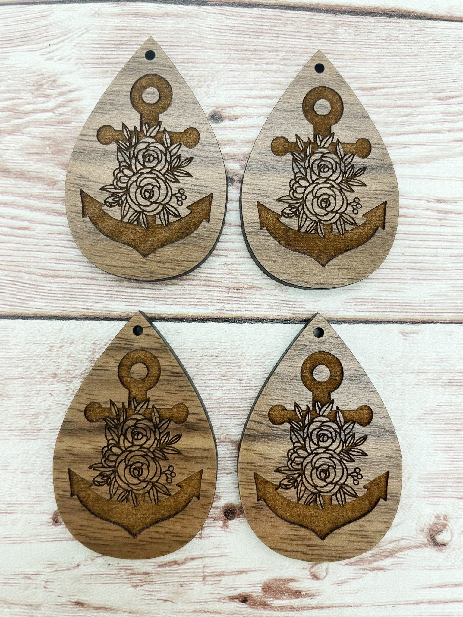 Wood Teardrop Engraved Floral Anchor Earring Blanks, Finished Walnut Blank, DIY Jewelry Making