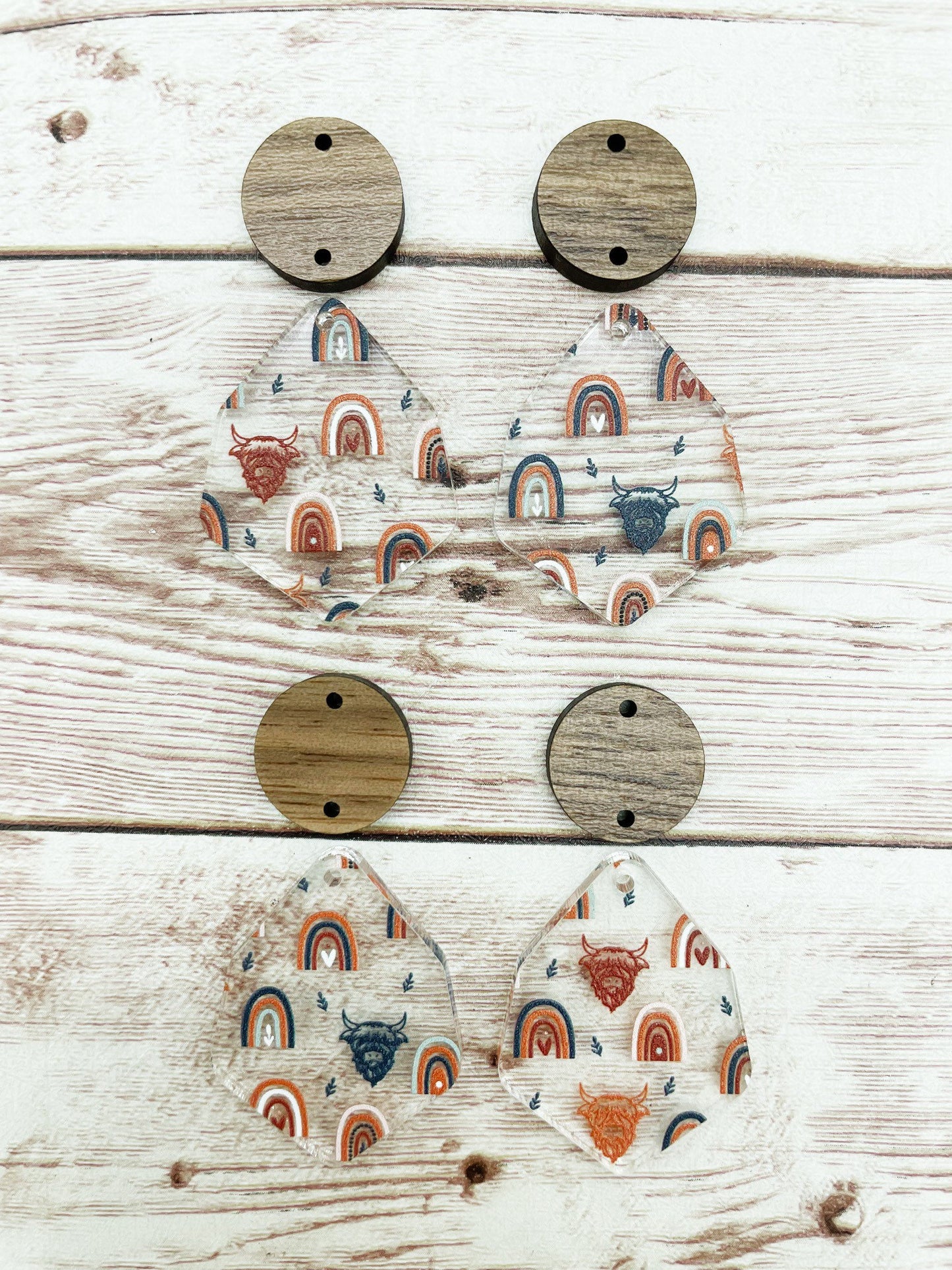 Patterned Boho Rainbows and Highland Cows Acrylic and Wood Circle Set Earring Blanks, DIY Jewelry Making