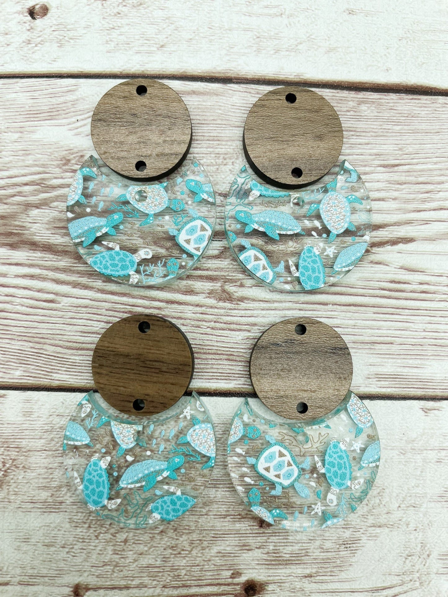 Patterned Sea Turtle Acrylic and Wood Circle Set Earring Blanks, DIY Jewelry Making