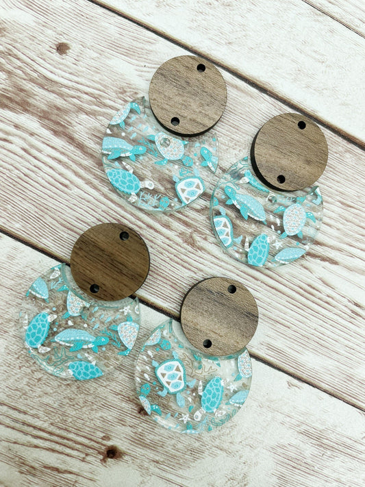 Patterned Sea Turtle Acrylic and Wood Circle Set Earring Blanks, DIY Jewelry Making