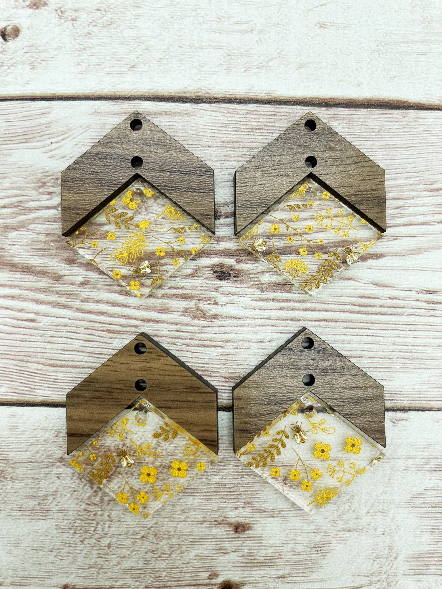 Yellow Bees and Flowers Acrylic and Wood Arrow Diamond Set Earring Blanks, DIY Jewelry Making