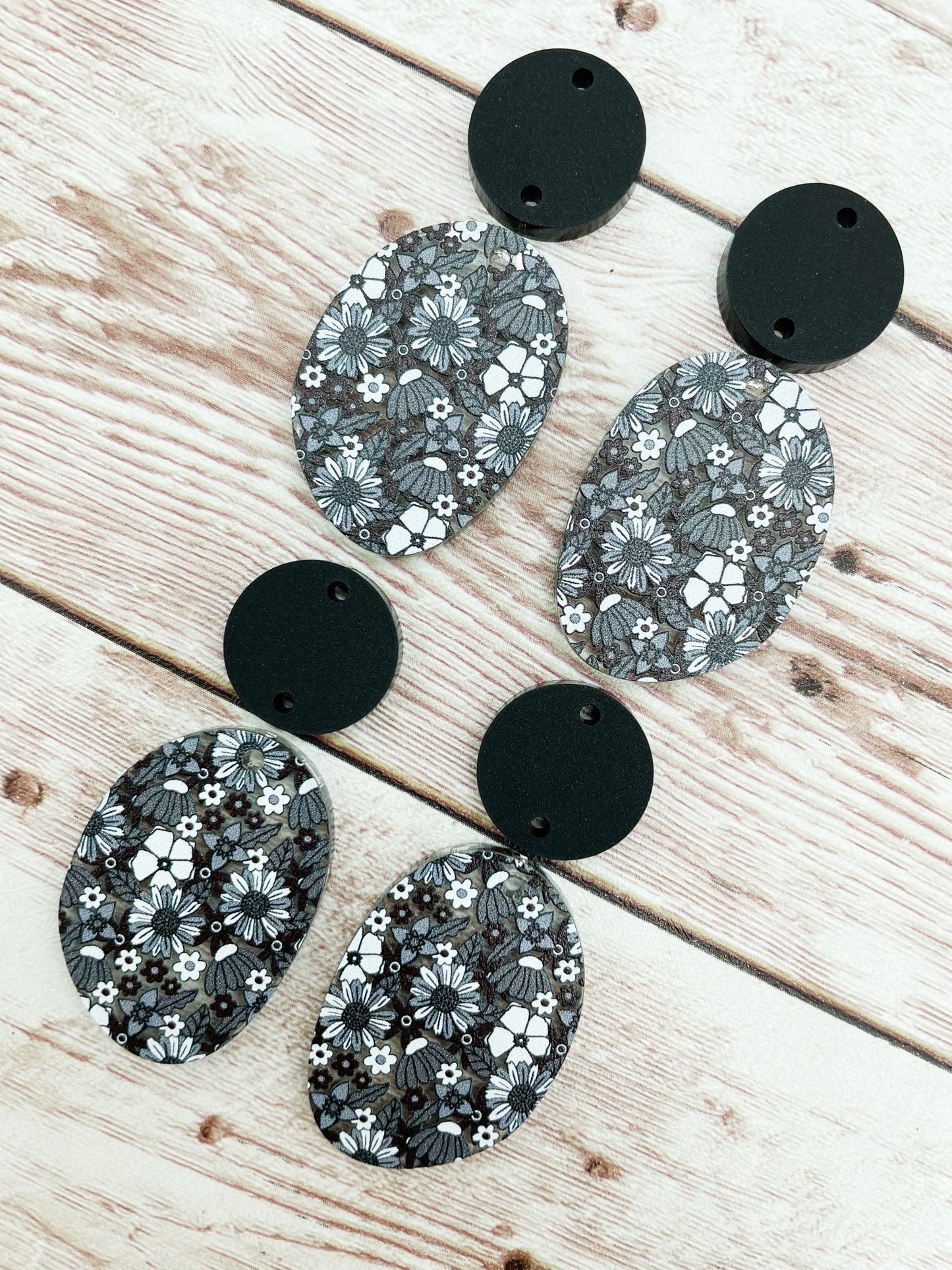 Grey 70s Floral Acrylic and Black Acrylic Connector Set Earring Blanks, DIY Jewelry Making