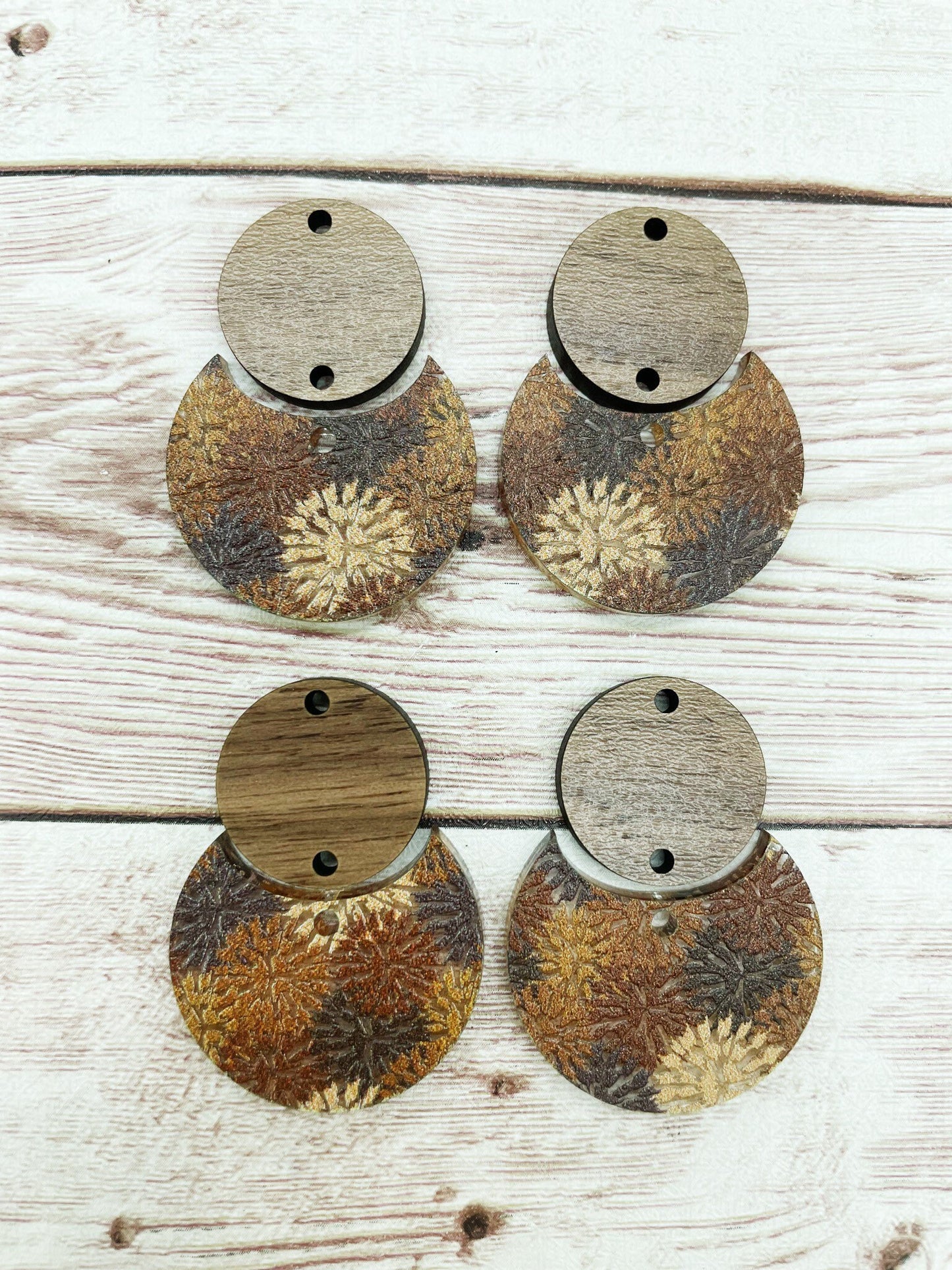 Patterned Brown Pom Acrylic and Wood Circle Set Earring Blanks, DIY Jewelry Making